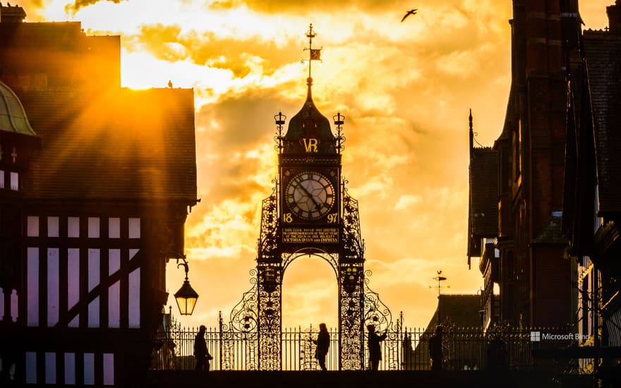 The sun sets over the Eastgate Clock in Chester.