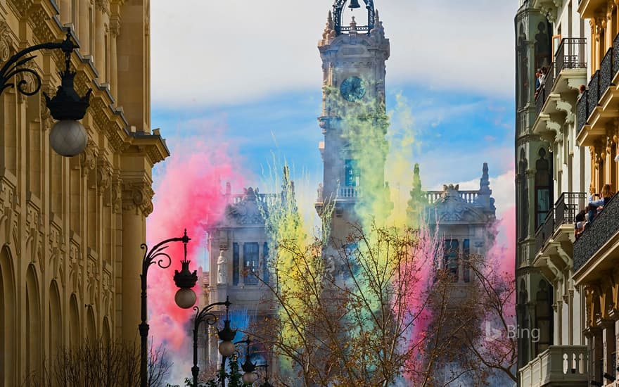 Fireworks at the Plaza del Ayuntamiento for Las Fallas festival in Valencia, Spain