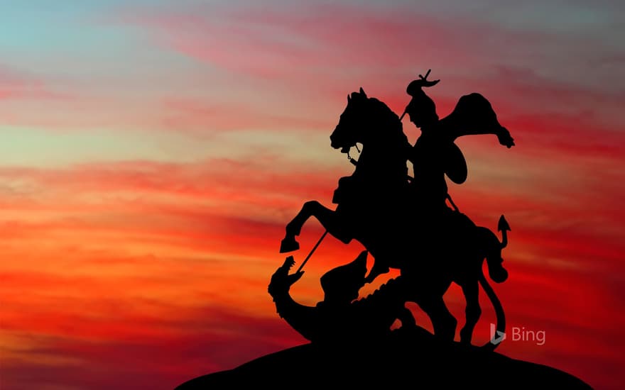 Monument to St George and the Dragon at sunset, Moscow, Russia