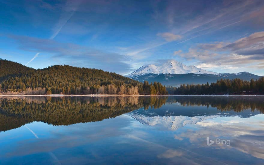 Lake Siskiyou reflects snowy Mount Shasta in northern California