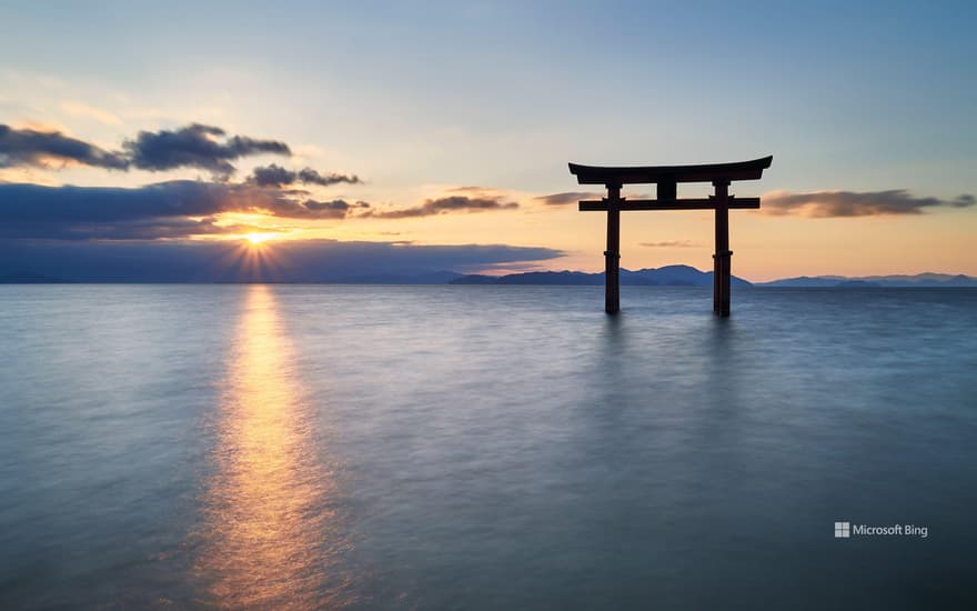 Morning sun and the torii gate of Shirahige Shrine, Takashima City, Shiga Prefecture